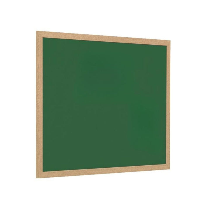 Green felt noticeboard with a light wooden frame, made from 100% recycled materials, suitable for landscape or portrait display. Shown with measurements of 900mm by 600mm and featured in a colourful nursery room setting.