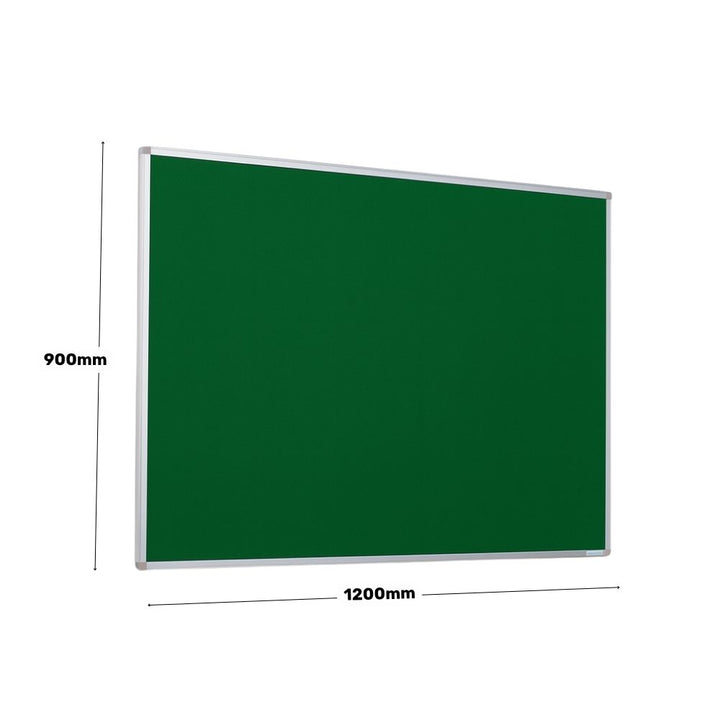 Green felt noticeboard with aluminium frame, measuring 1200mm wide by 900mm high, wall-mounted in a breakout room.

