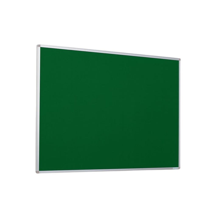 Angled view of a green felt noticeboard with a silver aluminium frame on a white background.