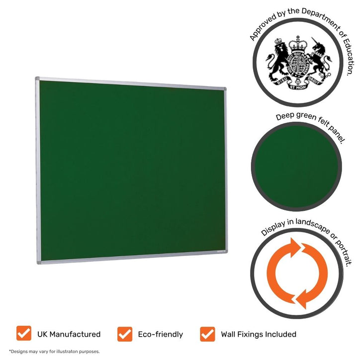 Green felt noticeboard with Department of Education approval and eco-friendly and landscape/portrait display icons.
