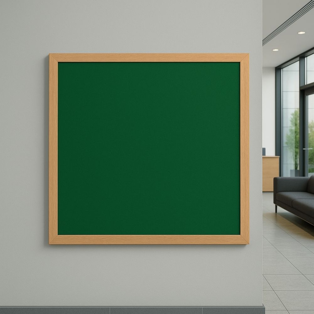 Green felt noticeboard with a wooden frame mounted on a grey wall in a modern office lobby, suitable for workplace updates and information sharing.