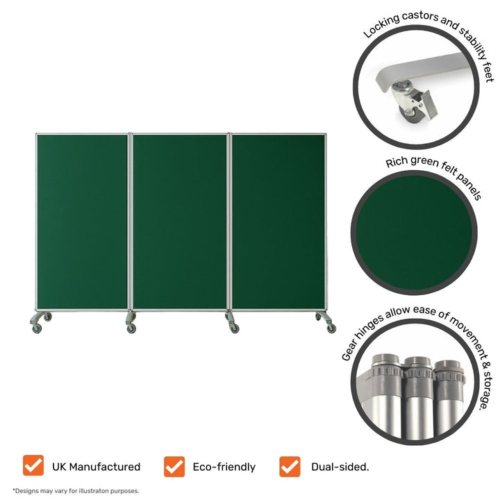 Tri-panel green felt room divider on castors with labelled callouts highlighting locking wheels, stability feet, gear hinges, and eco-friendly UK-manufactured dual-sided design.