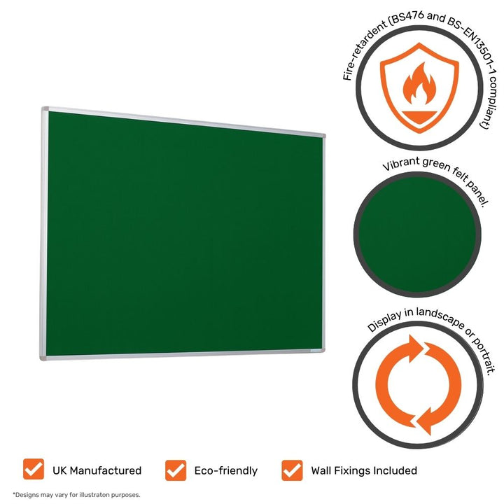Green fire-retardant felt noticeboard with icons showing UK manufacturing, eco-friendly design, and landscape or portrait mounting options