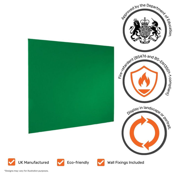 Green fire-retardant frameless noticeboard approved by the Department for Education, meeting BS476 and BS-EN13501-1 fire safety standards, with feature icons for flexible display and included wall fixings.


