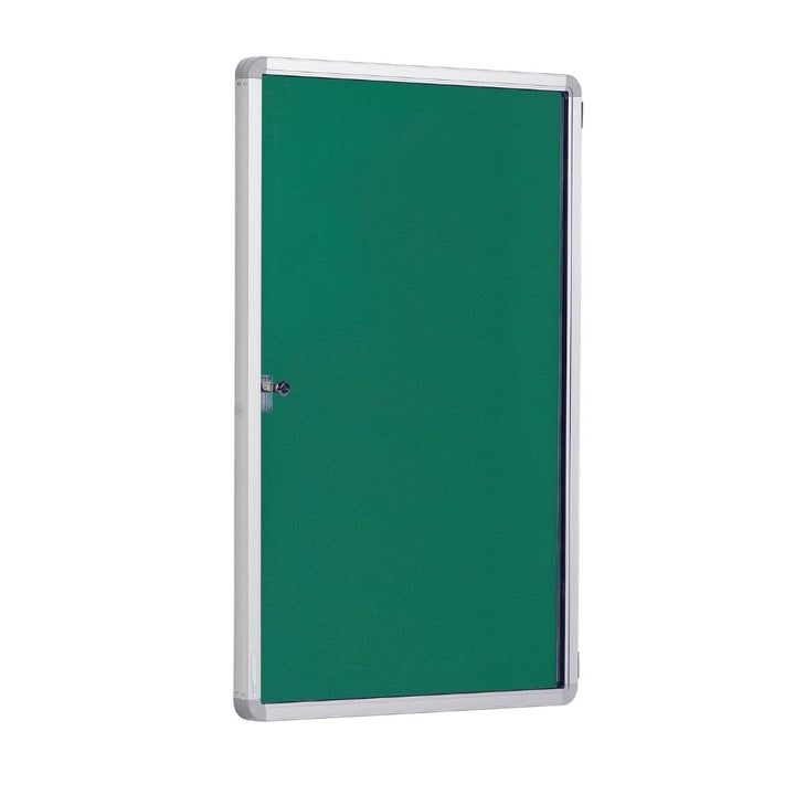 Green notice board with a lockable door and silver aluminium frame, shown on a plain white background.