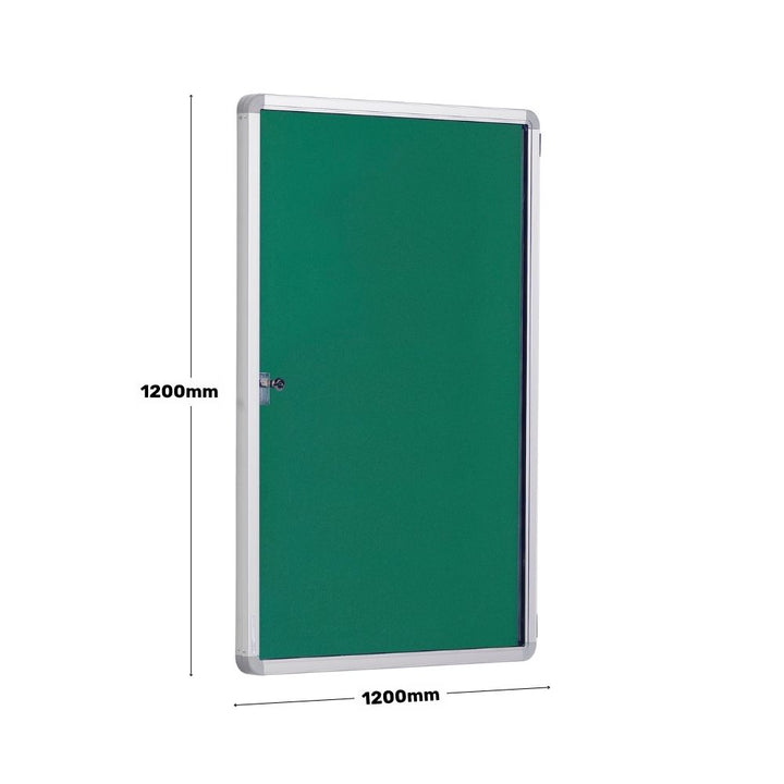 Green lockable notice board with silver aluminium frame, displayed with measurements of 1200mm in both height and width.