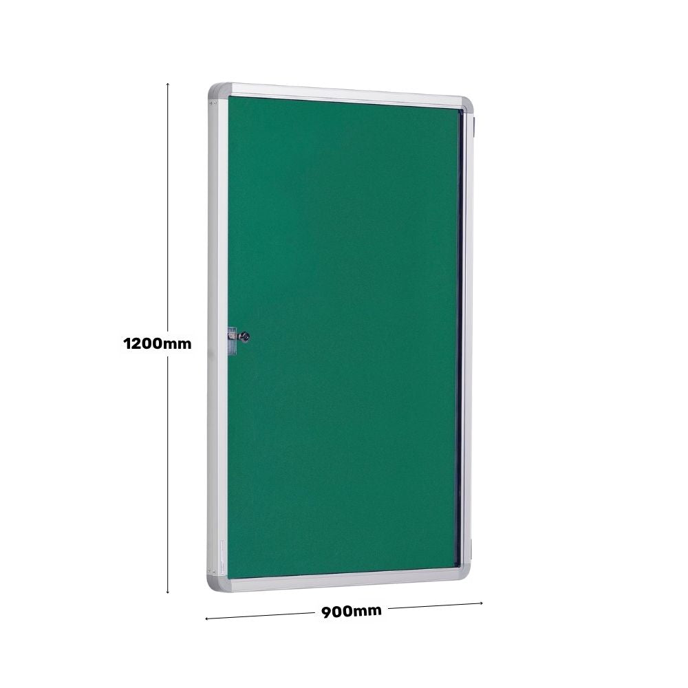 Green lockable notice board with a silver aluminium frame, shown with labelled dimensions of 1200mm height and 900mm width.