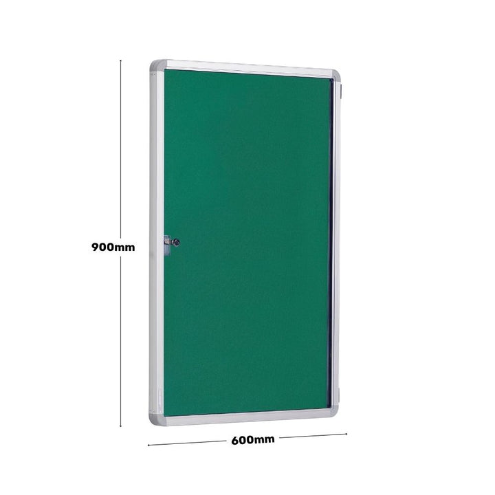 Green lockable notice board displayed with silver frame and labelled dimensions of 900mm tall by 600mm wide.