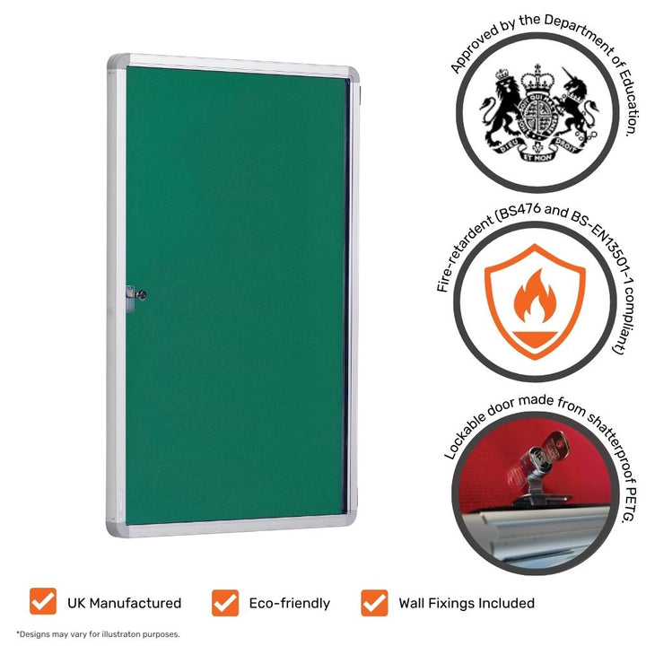 Green lockable notice board with safety and quality certifications including fire-retardant compliance, eco-friendly design, and shatterproof PETG door.