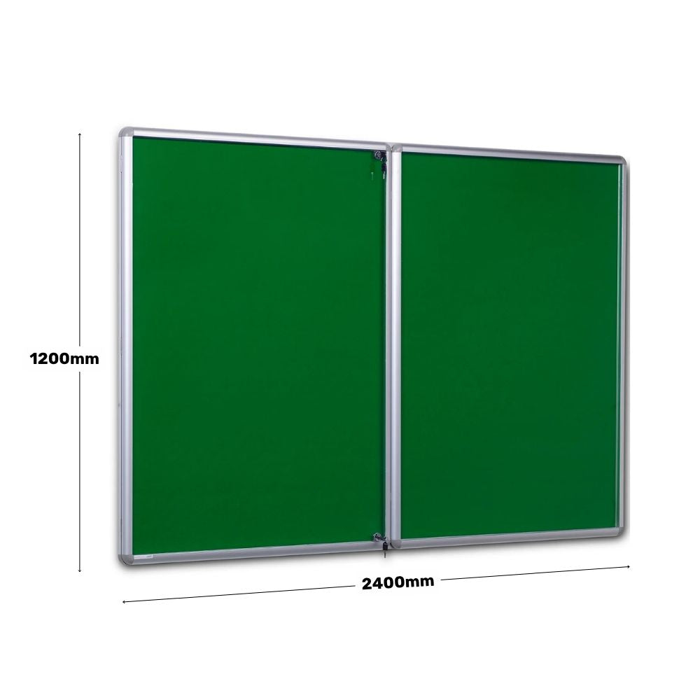 Large green noticeboard with lockable twin doors and aluminium frame, sized 1200mm by 2400mm, for school or office use.







