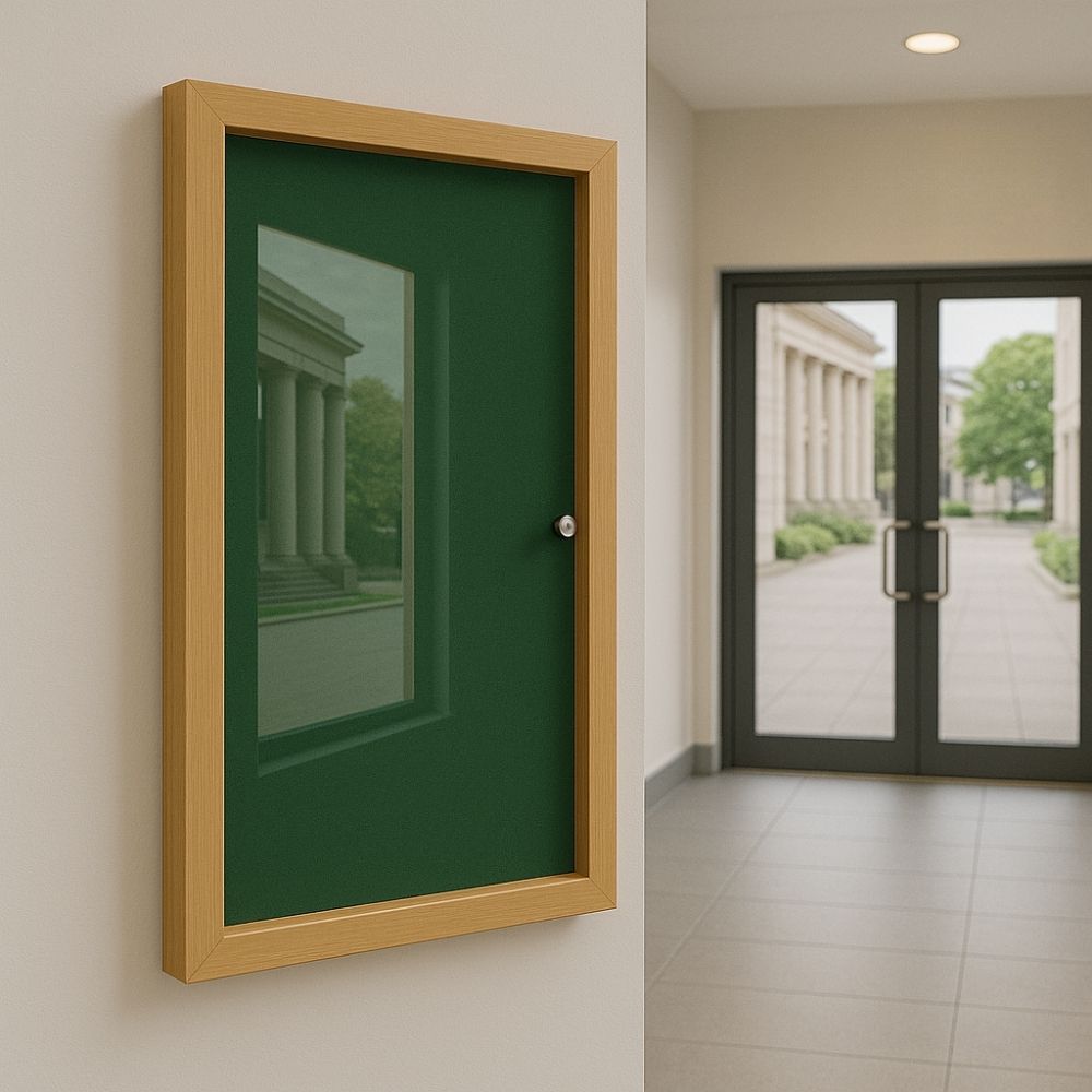 Green lockable noticeboard with a wooden frame mounted on a cream wall in a building lobby, with glass doors revealing an exterior view of classical-style columns and greenery.