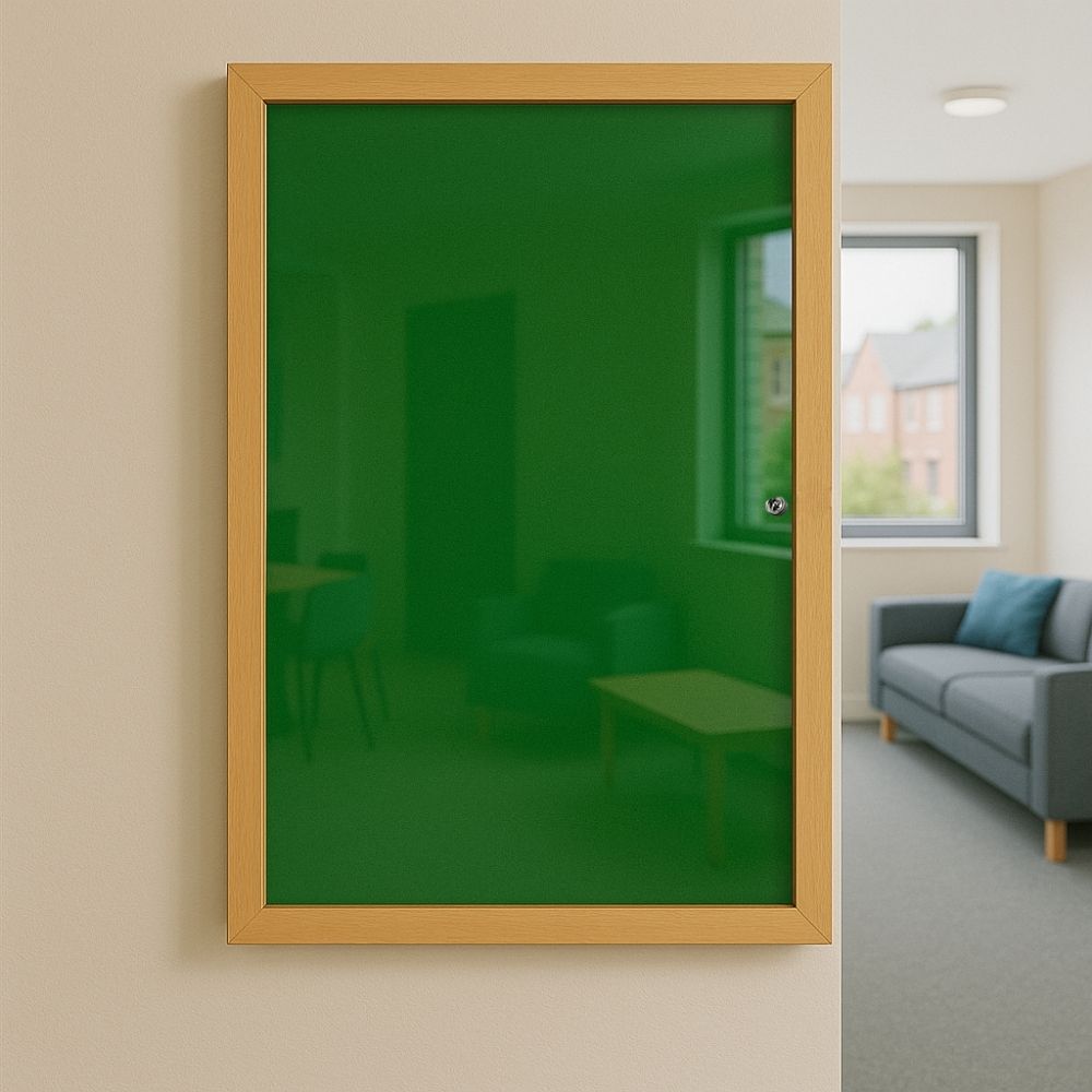 Green lockable noticeboard with a light wooden frame mounted on a beige wall in a modern lounge area, with reflections of seating and tables visible in the glass front.
