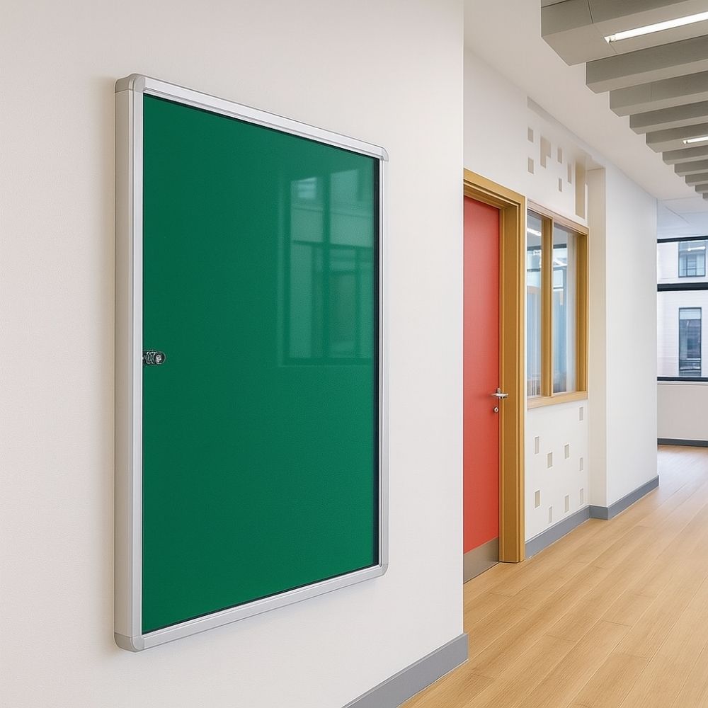 Green lockable noticeboard with aluminium frame mounted on a white wall in a brightly lit school corridor featuring wooden floors, red door, and interior windows.