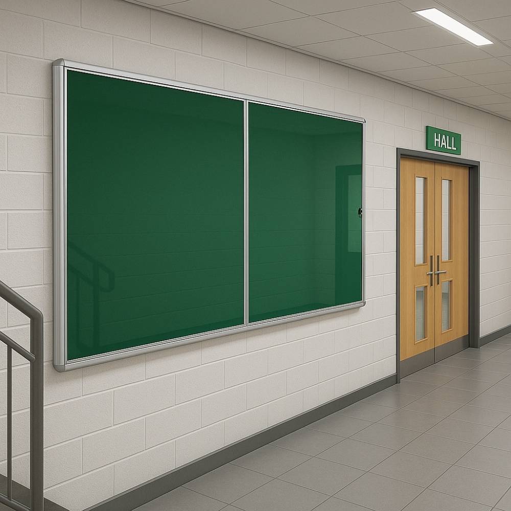 Green double-door lockable noticeboard with aluminium frame mounted on a white brick wall in a school corridor, positioned beside wooden double doors marked "HALL".