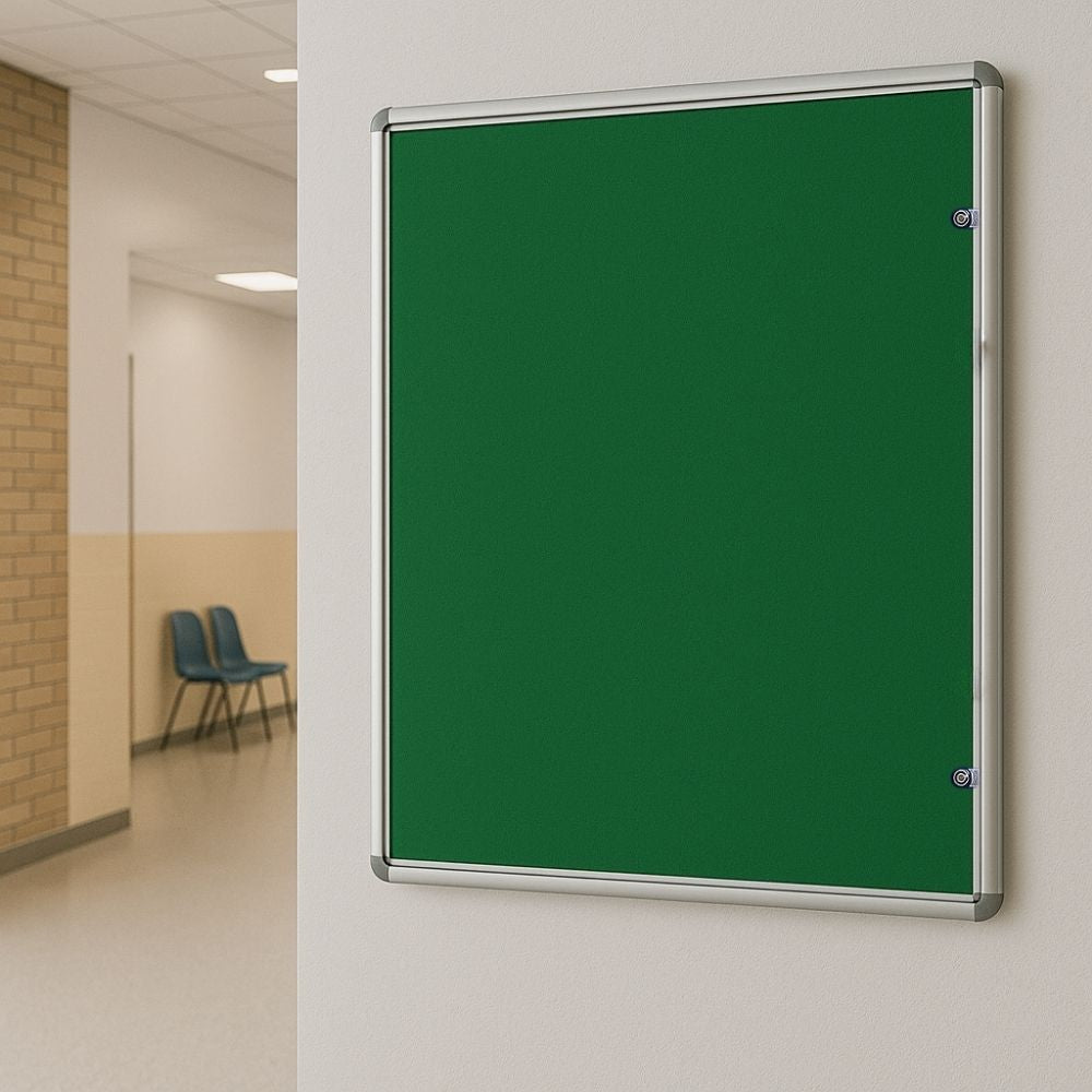 Green lockable noticeboard with silver aluminium frame mounted on a white wall in a school corridor, with beige lower wall panelling, light-coloured flooring, and two blue plastic chairs against a brick section of the hallway.