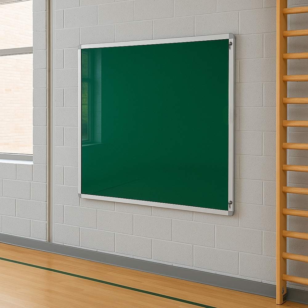Green lockable noticeboard with silver aluminium frame mounted on a white brick wall in a school gymnasium, adjacent to a wooden climbing frame and a window.