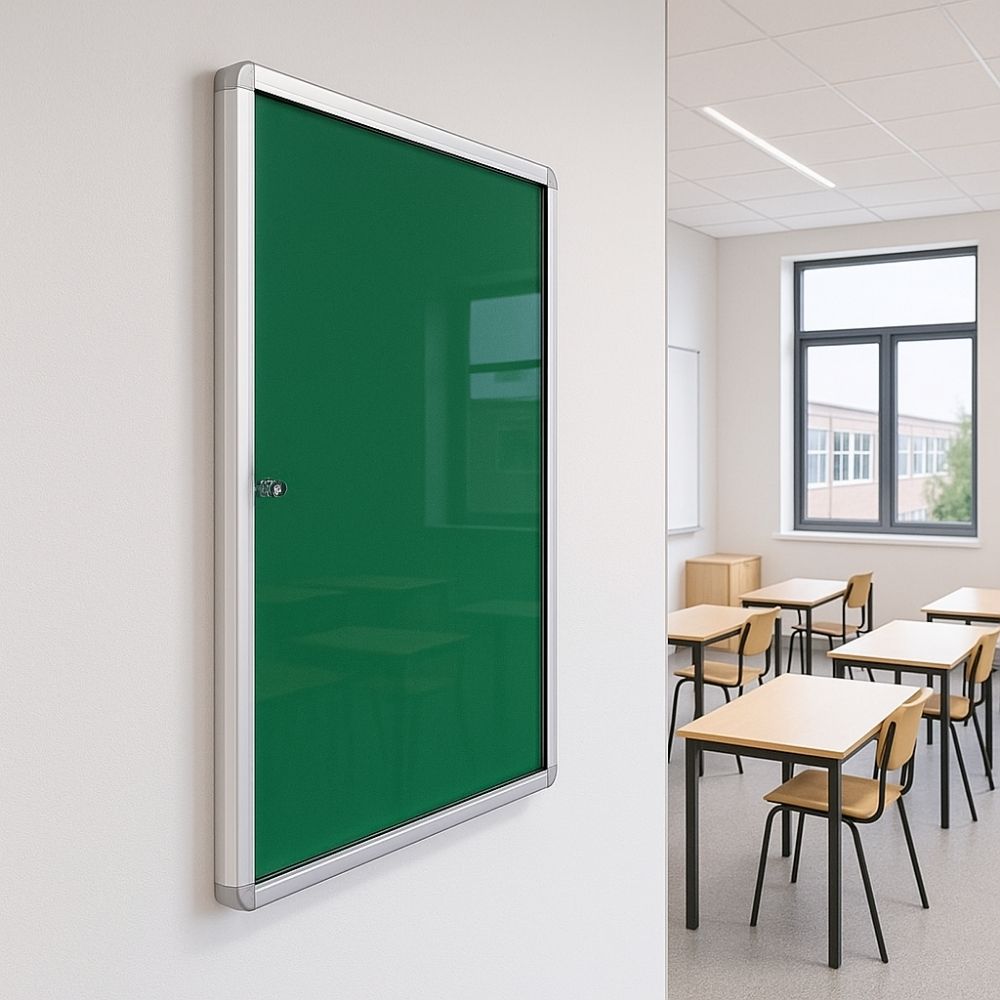 Green lockable noticeboard with silver aluminium frame mounted on a wall just outside a bright modern classroom with wooden desks, chairs, and large windows.