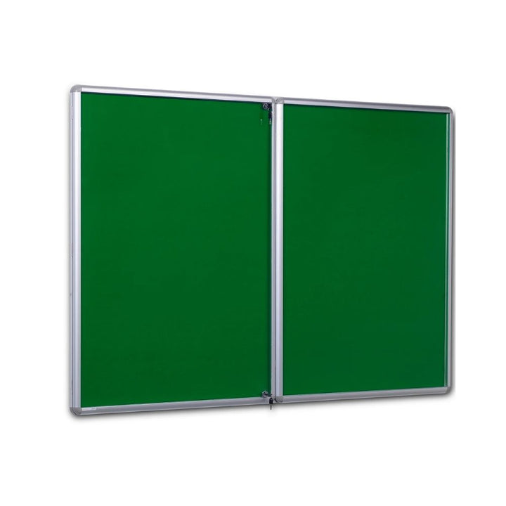 Green lockable noticeboard with dual doors and a silver aluminium frame, suitable for indoor wall mounting in educational or office environments.