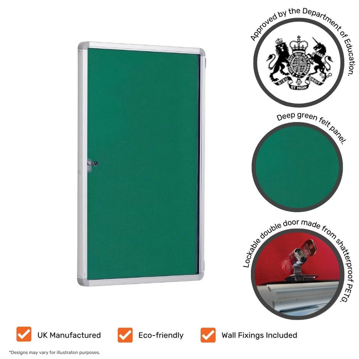 Green lockable noticeboard with silver aluminium frame, shown with feature callouts including Department for Education approval, deep green felt panel, lockable shatterproof PETG door, and icons for UK manufacture, eco-friendliness, and wall fixings included.