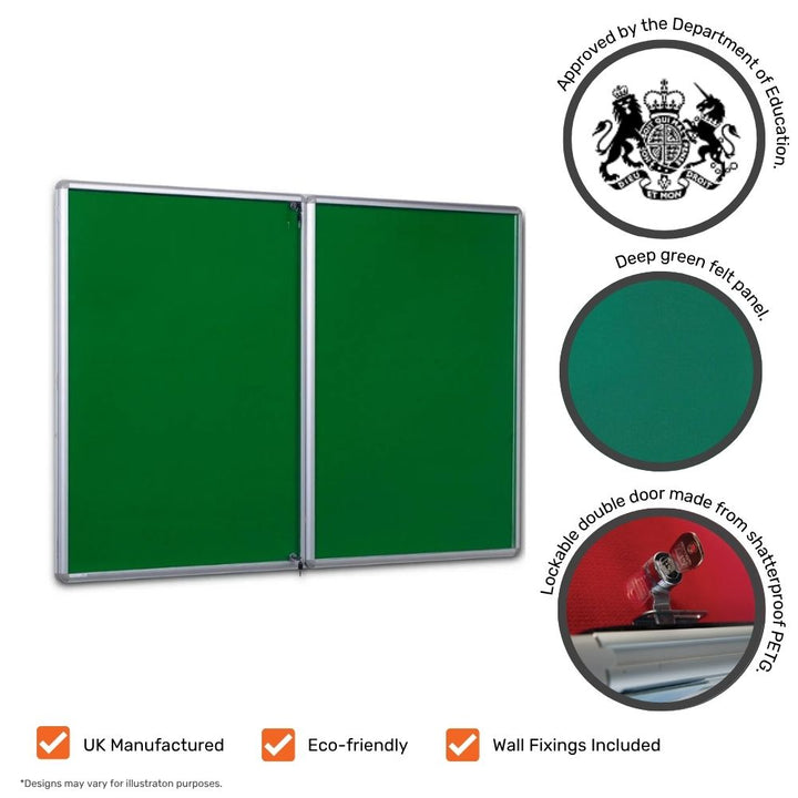 Green lockable noticeboard with double doors and silver aluminium frame, shown with feature icons for Department of Education approval, deep green felt panel, and shatterproof PETG doors. Includes UK manufactured, eco-friendly, and wall fixings included badges.
