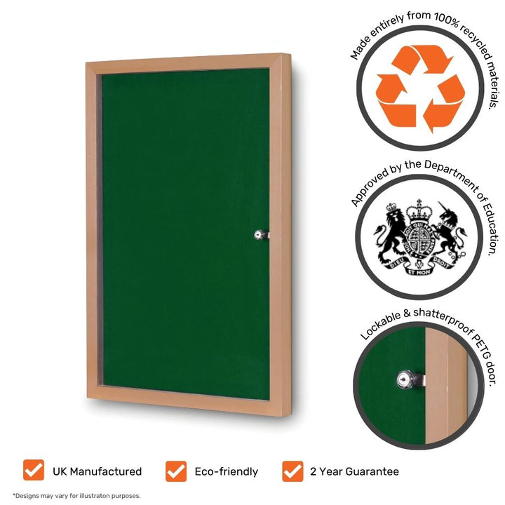 Green lockable noticeboard with a shatterproof PETG door and wood-effect frame, eco-friendly and UK-manufactured using 100% recycled materials, approved by the Department for Education.
