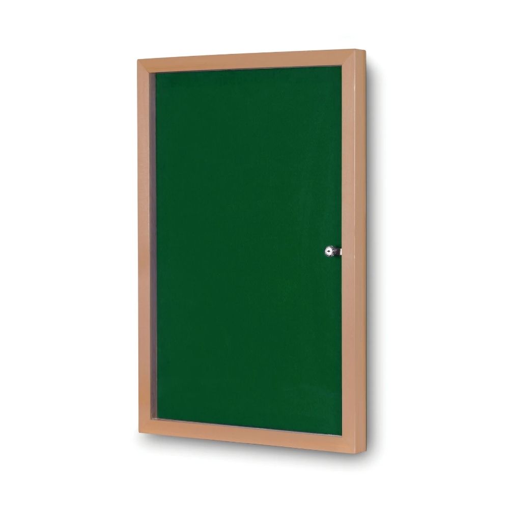 Green lockable noticeboard featuring a secure clear cover and wood-effect frame, suitable for posting information in classrooms, offices, or communal buildings.