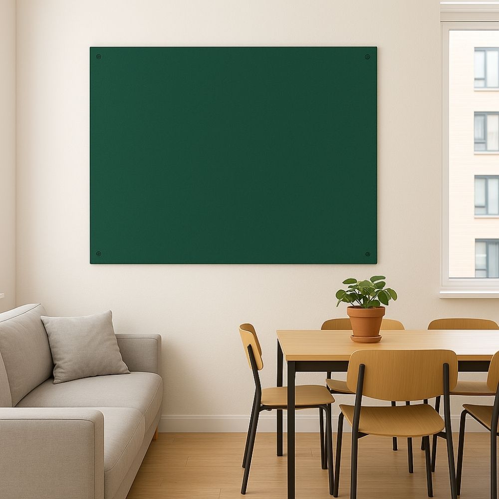 Dark green fabric noticeboard mounted on a cream wall above a light wood dining table with matching chairs and a potted plant in a bright, modern apartment interior.