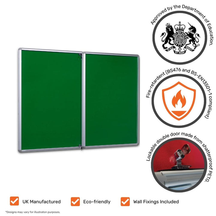 Green noticeboard featuring lockable double doors, certified fire-retardant material, UK Department for Education approval, and icons highlighting UK manufacture and eco-friendly attributes.

