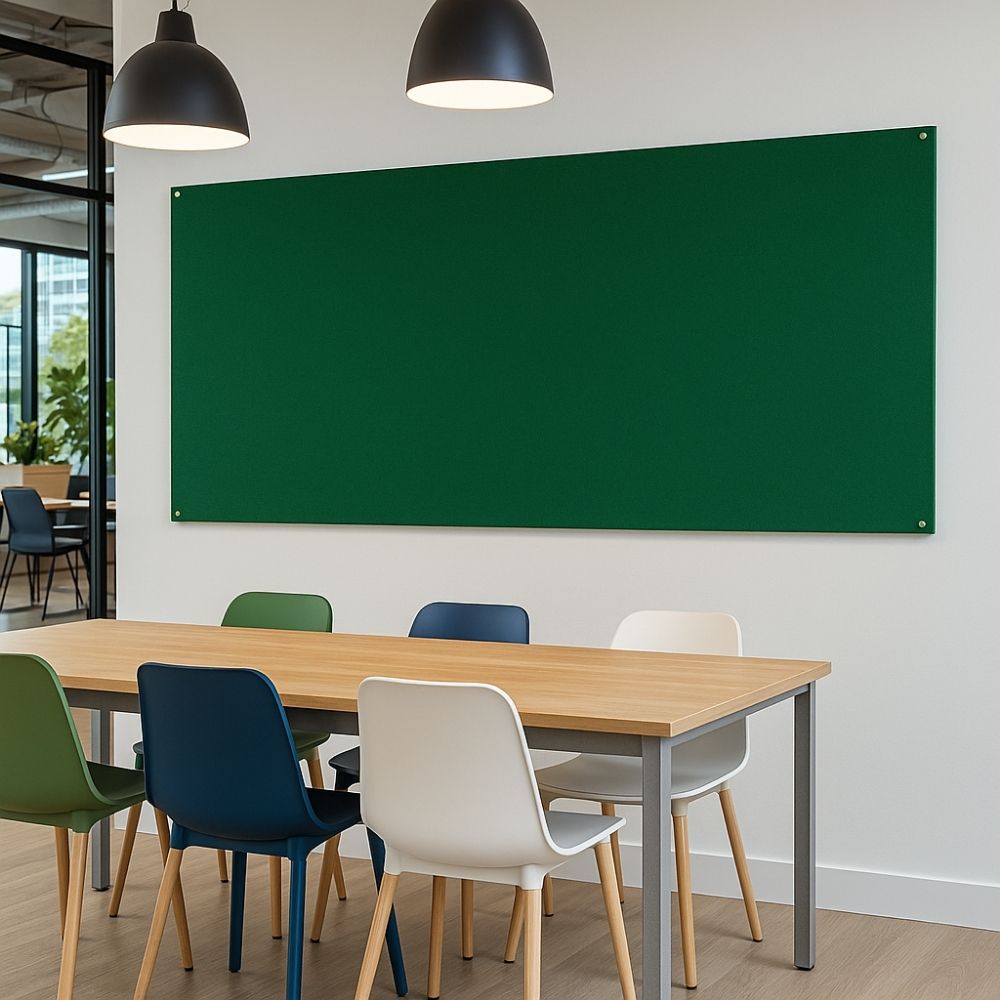 Green fabric noticeboard mounted on the wall of a modern office collaboration space featuring a light wood table surrounded by white, blue, and green chairs, with pendant lighting overhead.