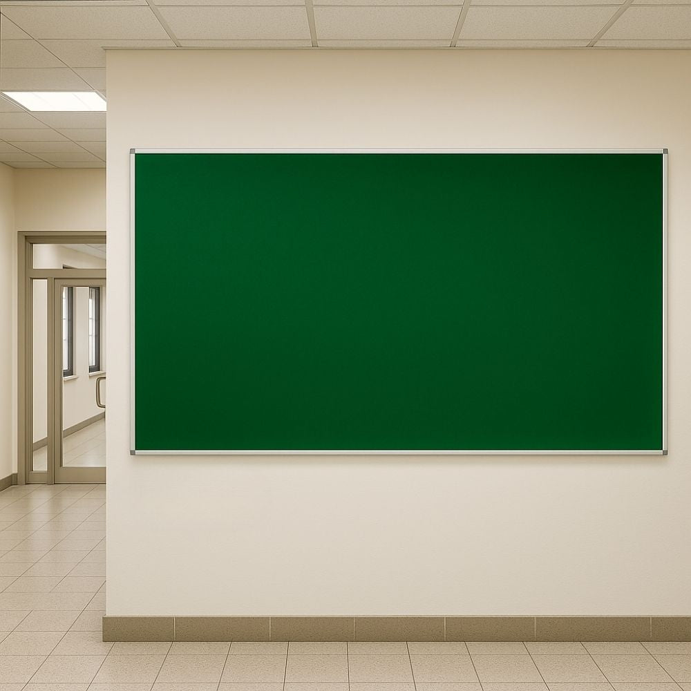 Large green noticeboard with silver aluminium frame mounted on a cream-coloured wall in a school hallway with tiled flooring and ceiling panels.