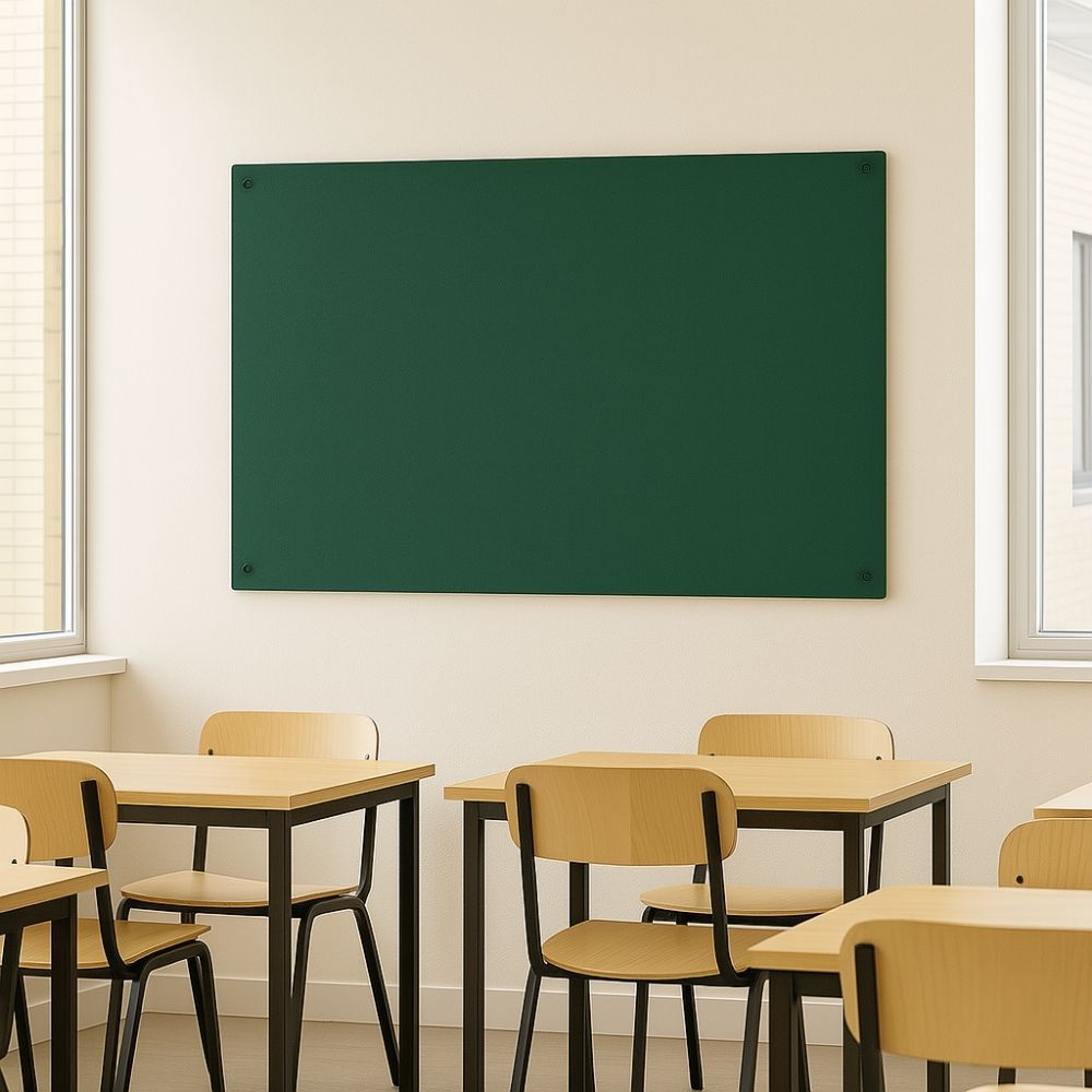 Dark green fabric noticeboard fixed to a cream wall in a bright primary school classroom with light wood tables and matching chairs arranged neatly.
