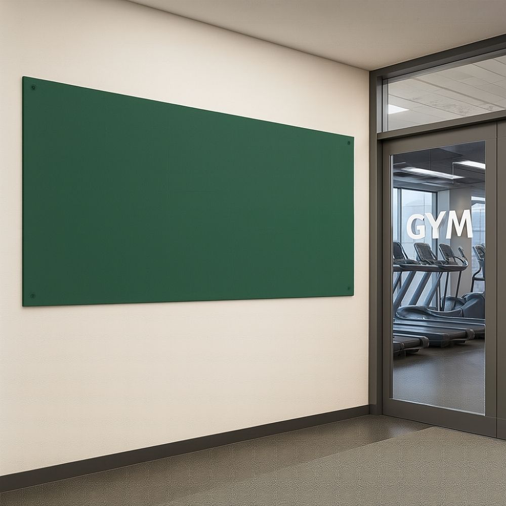 Large green fabric noticeboard fixed to a cream-coloured wall in a hallway beside a glass door marked “GYM,” with several treadmills visible through the window inside the fitness room.