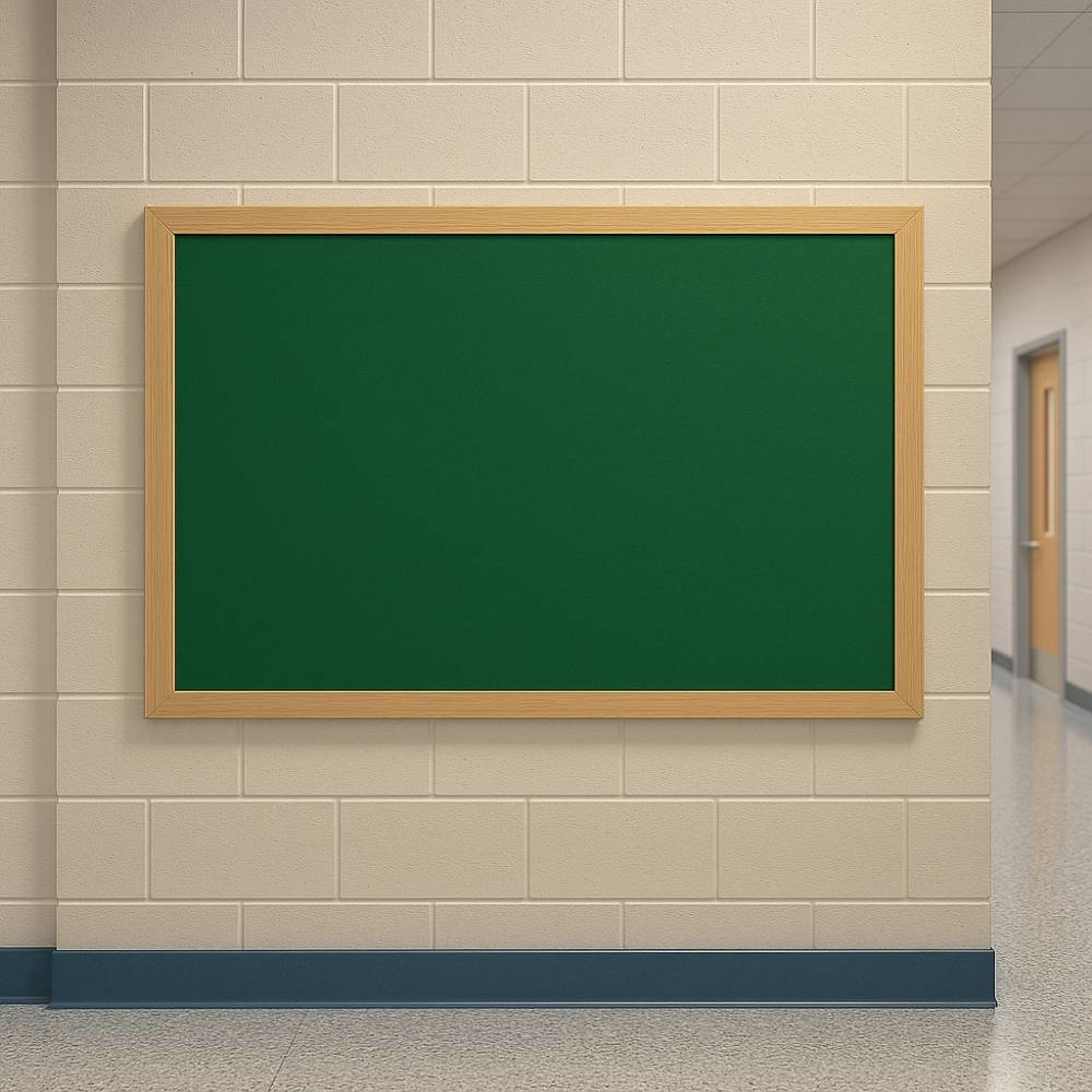 Wall-mounted green noticeboard with a wooden frame placed in a school corridor, ideal for displaying student announcements and educational materials.