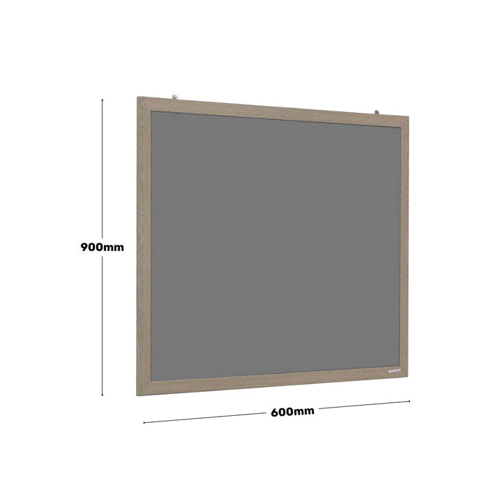 A plain grey 900mm x 600mm noticeboard with a light wood frame, shown from an angled view with labelled dimensions.