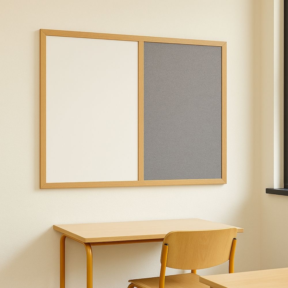 Dual-surface wall-mounted board with a grey felt panel and white dry-wipe surface in a wooden frame, positioned above a light wood desk and chair in a classroom setting.
