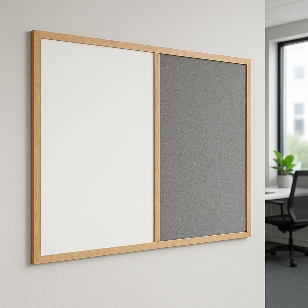 Wall-mounted combination board with a grey felt noticeboard and white dry-wipe surface in a light wooden frame, displayed in a contemporary office with window lighting and modern furnishings.