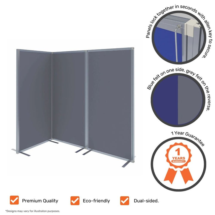 Grey felt office divider with callouts showing panel connection mechanism, dual-sided felt in grey and blue, eco-friendly icon, and one-year warranty badge.


