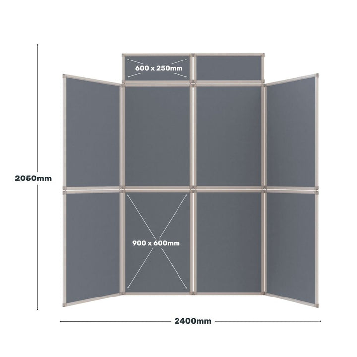 Grey eight-panel folding display board with white measurements showing 2050mm height and 2400mm width, with panel sizes clearly marked.