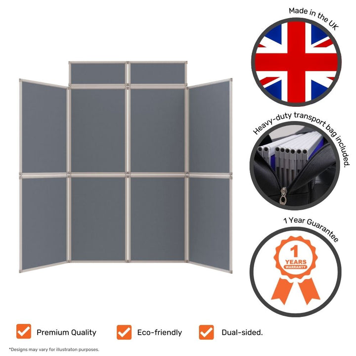 Grey eight-panel folding display board shown with icons indicating UK manufacture, transport bag included, dual-sided use, eco-friendly materials and a 1-year guarantee.

