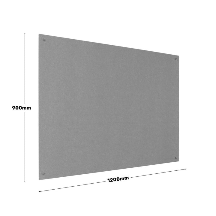 Angled view of a rectangular grey fabric pinboard measuring 1200mm by 900mm with mounting screws visible in each corner.

