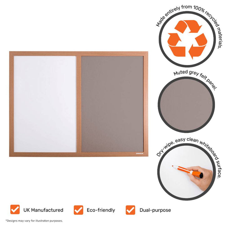 A low-glare grey felt pin surface keeps offices, boardrooms and NHS clinics looking calm and professional, paired with a dry-wipe panel for daily notes.
