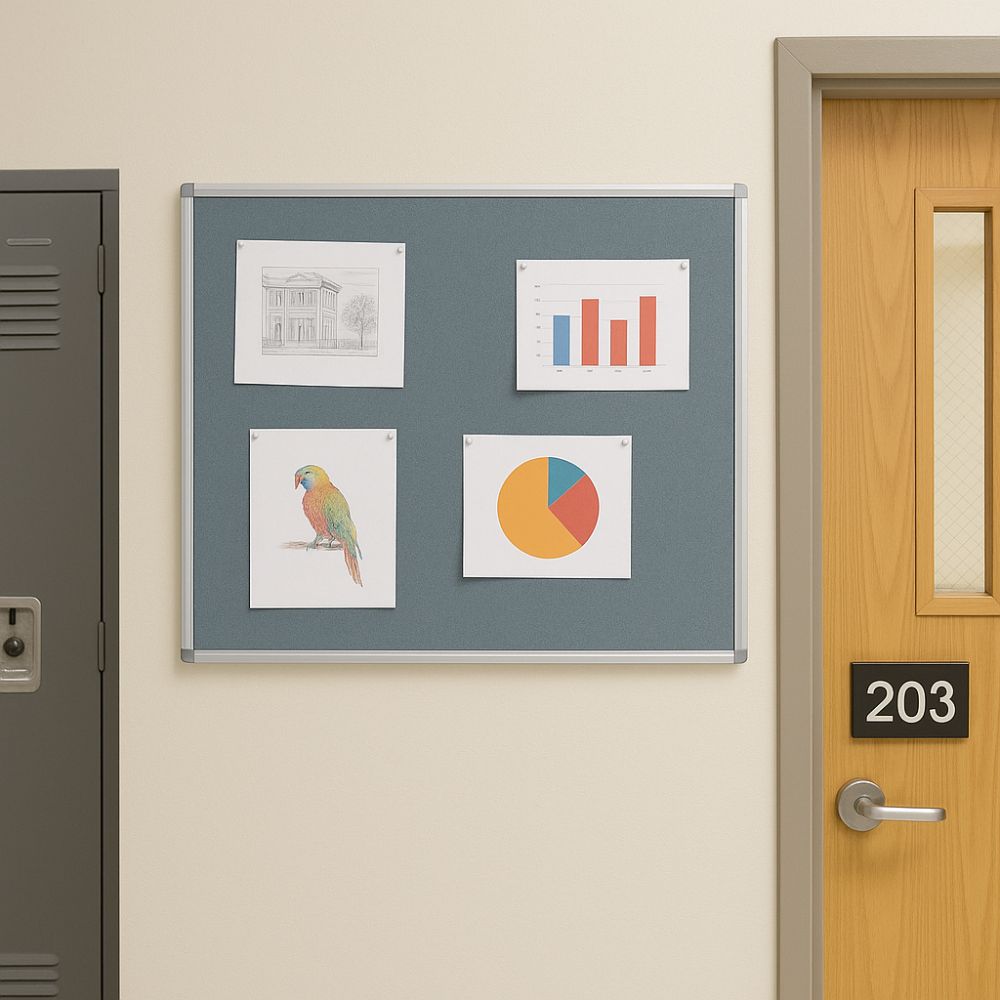 Grey felt notice board mounted on a cream wall outside a classroom door labelled 203, displaying charts and artwork pinned to the surface.