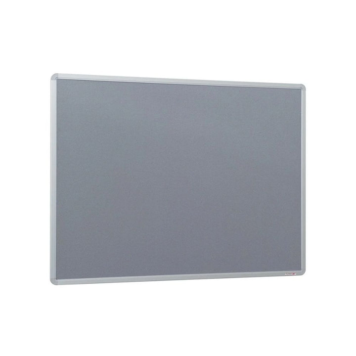 Angled product image of a grey felt notice board with a slim aluminium frame, designed for pinning notes and announcements.