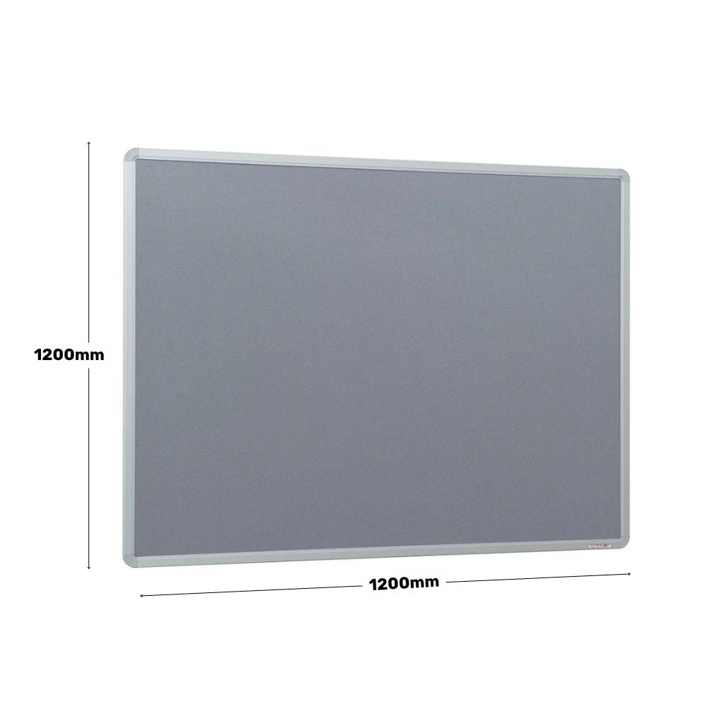 Square grey felt noticeboard with silver aluminium frame, measuring 1200mm by 1200mm, ideal for modern office or educational environments to display posters, memos, or notices.

