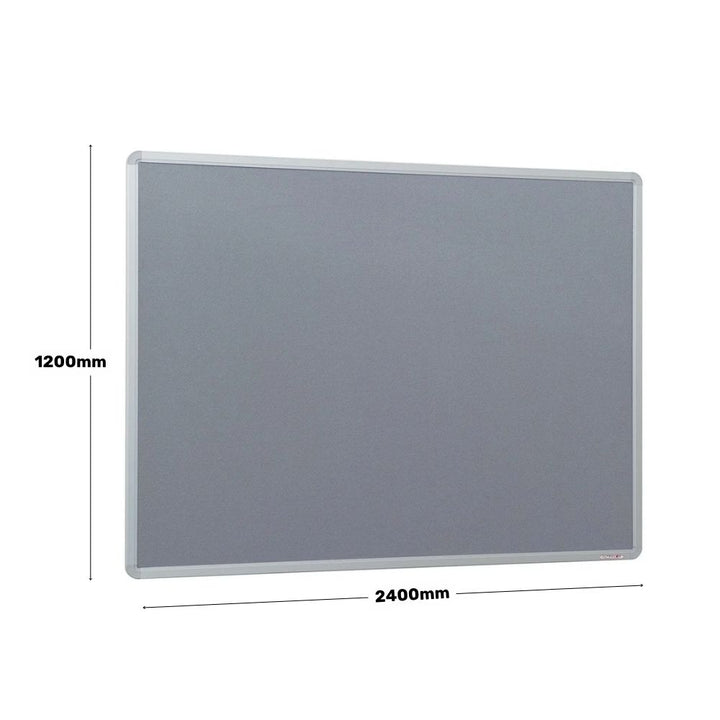 Large grey felt noticeboard with silver frame, measuring 2400mm wide by 1200mm high, perfect for displaying multiple notices in classrooms, offices, or community areas.

