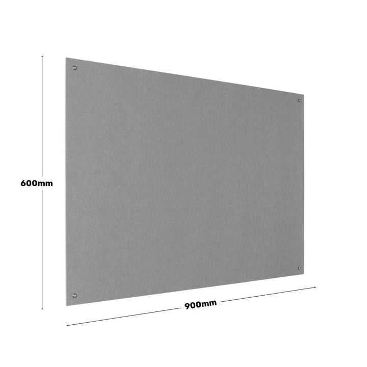 Grey felt noticeboard with 900mm x 600mm dimensions labelled