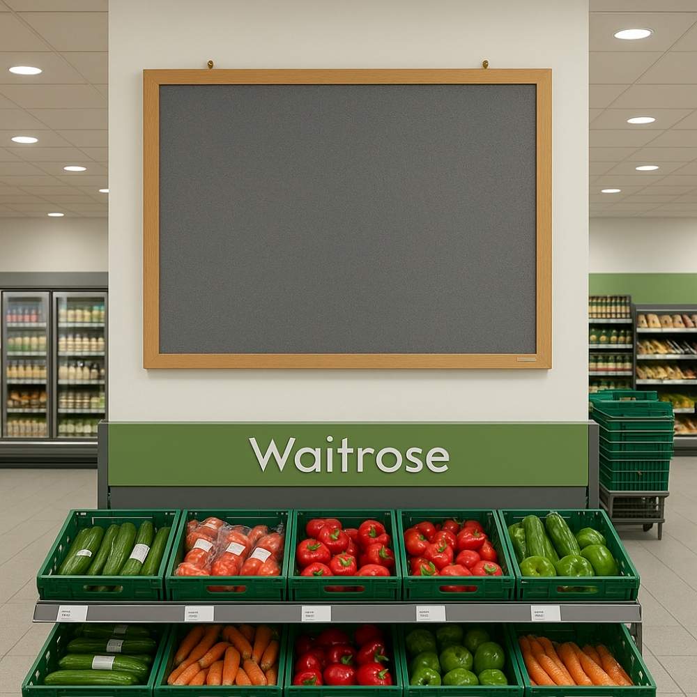 Grey felt noticeboard with wooden frame mounted above fresh produce display in Waitrose supermarket, measuring 1200mm x 900mm.

