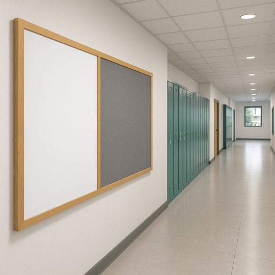 Eco-Friendly Combination Grey Felt Noticeboard with Whiteboard and Wood Effect Frame  - 1500 x 1200m