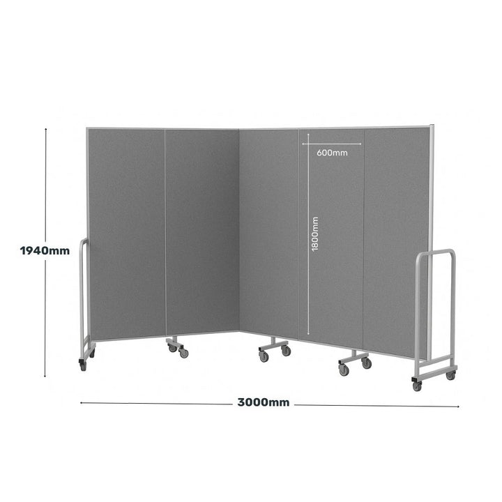 Diagram of a five-panel grey felt room divider with silver frame, measuring 1940mm in height and 3000mm in width, showing caster wheels and foldable construction.