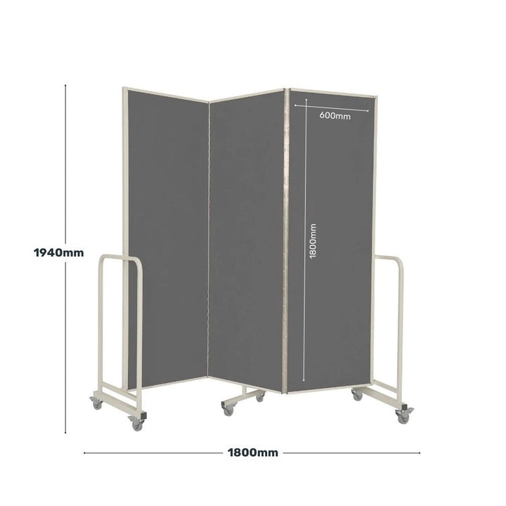 Three-panel grey felt room divider with height of 1940mm and total width of 1800mm, with each panel measuring 600mm by 1800mm, ideal for dynamic workspace layouts.